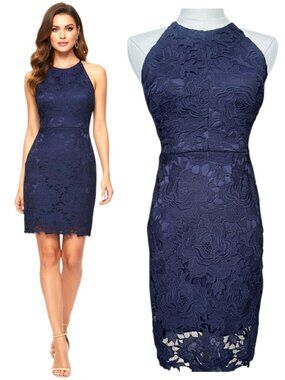 Lauren Nicole Navy Lace Halter Mini Dress Floral Sheath S